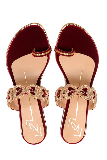 Shop Nidhi Bhandari Maroon Embroidery Velvet Wedges at Aza Fashions Shop_Nidhi Bhandari_Maroon Embroidery Velvet Wedges _at_Aza_Fashions