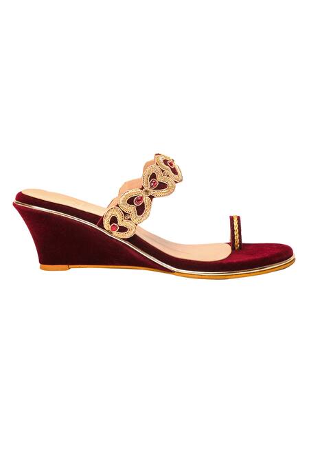 Nidhi Bhandari Maroon Embroidery Velvet Wedges Online at Aza Fashions Nidhi Bhandari_Maroon Embroidery Velvet Wedges _Online_at_Aza_Fashions