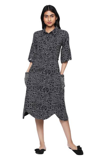 Buy_Ankita_Black Cotton Shirt Collar Printed Dress _Online_at_Aza_Fashions