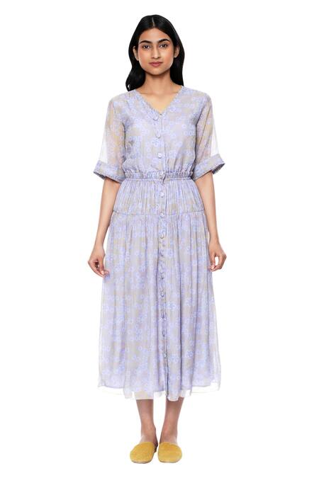 Ankita_Purple Organza V Neck Printed Shirt Dress _Online_at_Aza_Fashions
