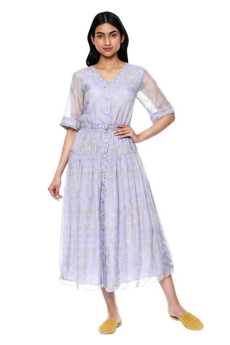 Buy_Ankita_Purple Organza V Neck Printed Shirt Dress _Online_at_Aza_Fashions