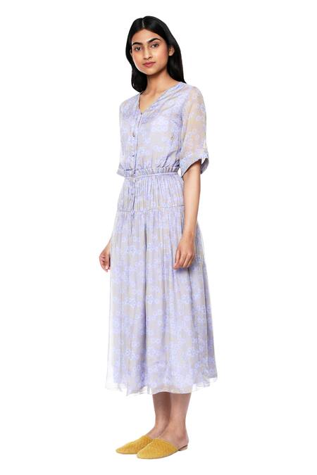 Shop_Ankita_Purple Organza V Neck Printed Shirt Dress _Online_at_Aza_Fashions