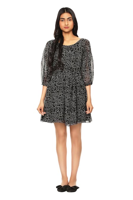 Ankita_Black Cotton Organza Straight Printed Dress _Online_at_Aza_Fashions