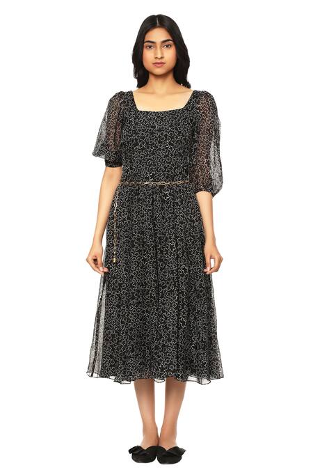 Ankita_Black Organza Square Neck Printed Dress _Online_at_Aza_Fashions