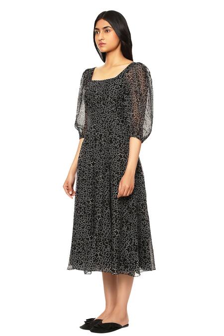 Buy_Ankita_Black Organza Square Neck Printed Dress _Online_at_Aza_Fashions