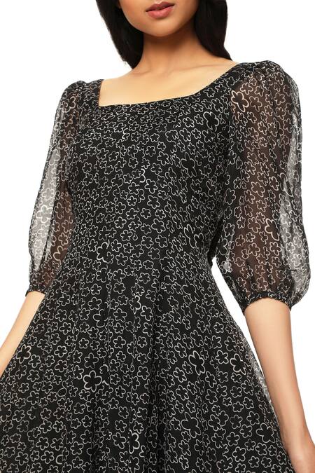 Shop_Ankita_Black Organza Square Neck Printed Dress _Online_at_Aza_Fashions
