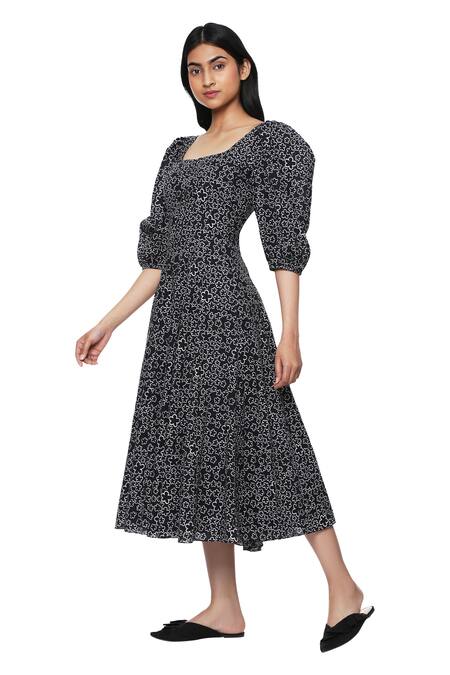 Buy_Ankita_Black Cotton Square Neck Printed Dress _Online_at_Aza_Fashions