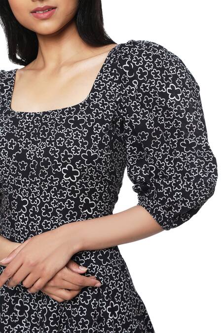 Shop_Ankita_Black Cotton Square Neck Printed Dress _Online_at_Aza_Fashions