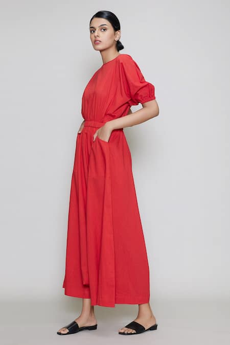 MATI_Red Cotton Round Cowl-draped Jumpsuit_Online_at_Aza_Fashions