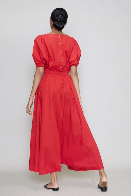 Buy_MATI_Red Cotton Round Cowl-draped Jumpsuit_Online_at_Aza_Fashions