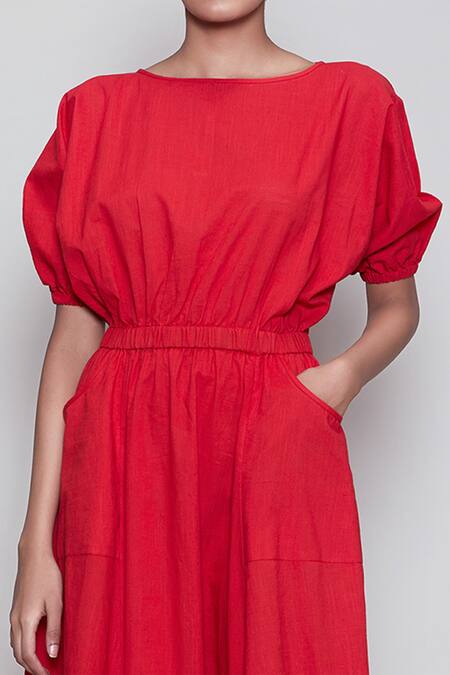 Shop_MATI_Red Cotton Round Cowl-draped Jumpsuit_Online_at_Aza_Fashions