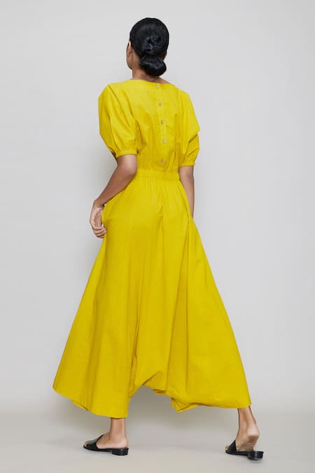 Shop MATI_1 Yellow Cotton Round Cowl-draped Jumpsuit at Aza Fashions Shop_MATI_1_Yellow Cotton Round Cowl-draped Jumpsuit _at_Aza_Fashions
