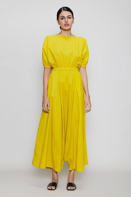MATI_1 Yellow Cotton Round Cowl-draped Jumpsuit Online at Aza Fashions MATI_1_Yellow Cotton Round Cowl-draped Jumpsuit _Online_at_Aza_Fashions