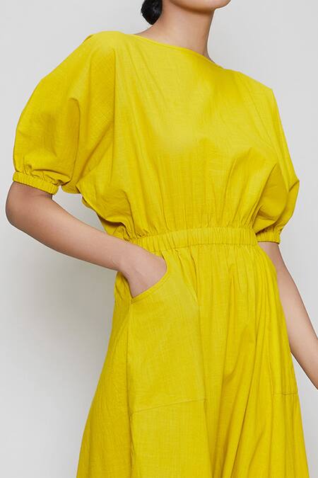 Buy MATI_1 Yellow Cotton Round Cowl-draped Jumpsuit Online at Aza Fashions Buy_MATI_1_Yellow Cotton Round Cowl-draped Jumpsuit _Online_at_Aza_Fashions