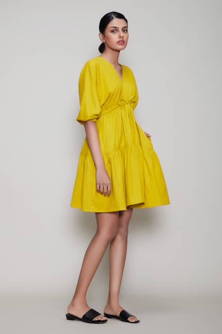 MATI_1 Yellow Cotton V Neck Flared Dress Online at Aza Fashions MATI_1_Yellow Cotton V Neck Flared Dress _Online_at_Aza_Fashions