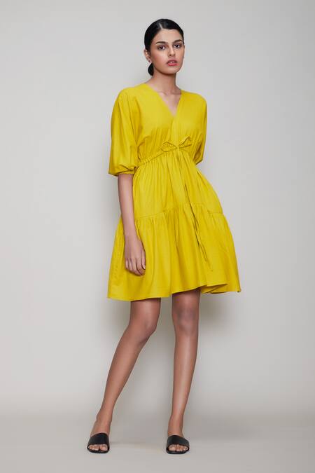Buy MATI_1 Yellow Cotton V Neck Flared Dress Online at Aza Fashions Buy_MATI_1_Yellow Cotton V Neck Flared Dress _Online_at_Aza_Fashions