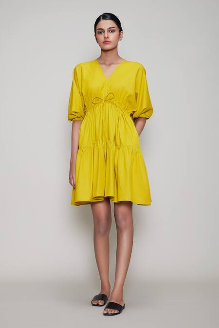 Shop MATI_1 Yellow Cotton V Neck Flared Dress Online at Aza Fashions Shop_MATI_1_Yellow Cotton V Neck Flared Dress _Online_at_Aza_Fashions