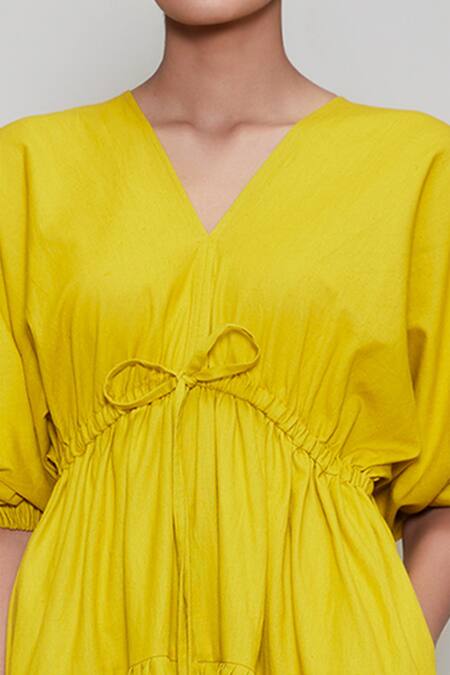 MATI_1 Yellow Cotton V Neck Flared Dress at Aza Fashions MATI_1_Yellow Cotton V Neck Flared Dress _at_Aza_Fashions