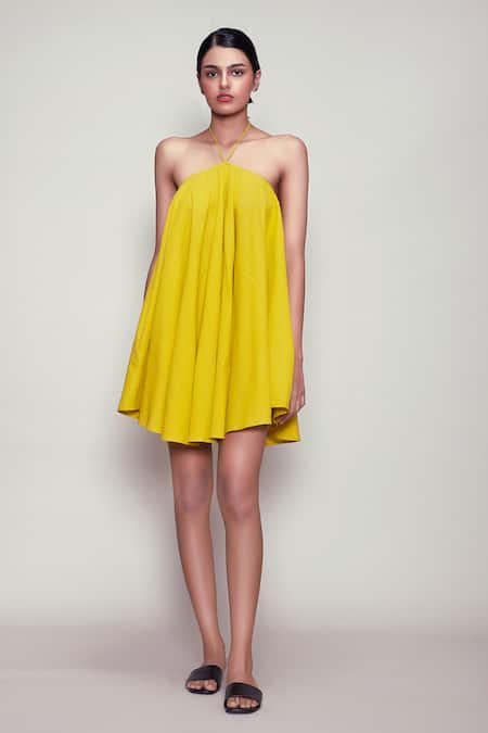 Buy MATI_1 Yellow Cotton Halter Backless Dress Online at Aza Fashions Buy_MATI_1_Yellow Cotton Halter Backless Dress _Online_at_Aza_Fashions