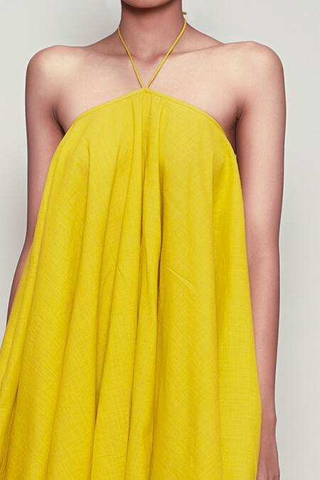 Shop MATI_1 Yellow Cotton Halter Backless Dress Online at Aza Fashions Shop_MATI_1_Yellow Cotton Halter Backless Dress _Online_at_Aza_Fashions
