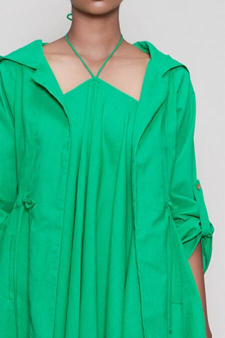 Shop MATI_1 Green Cotton Dress Halter Jacket Open Backless And Online at Aza Fashions Shop_MATI_1_Green Cotton Dress Halter Jacket Open Backless And _Online_at_Aza_Fashions