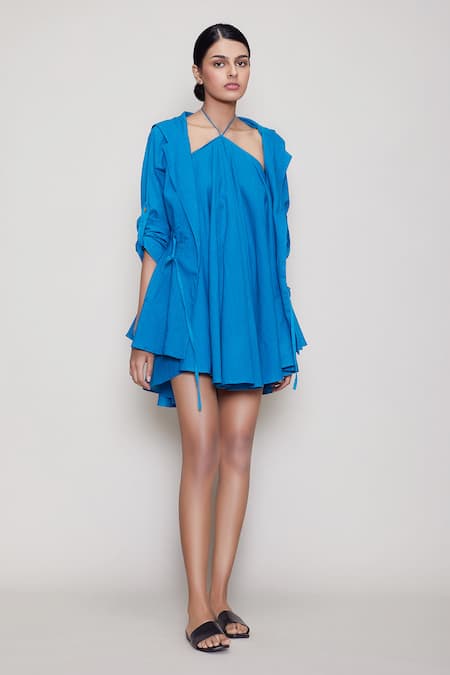 MATI_1_Blue Cotton Dress Halter Jacket Open Backless And _Online_at_Aza_Fashions