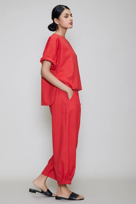 Mati_Red Cotton Round Top And Pant Set _Online_at_Aza_Fashions
