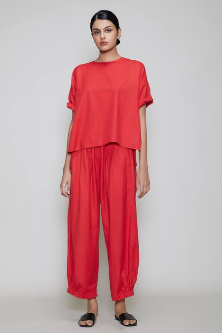 Buy_Mati_Red Cotton Round Top And Pant Set _Online_at_Aza_Fashions