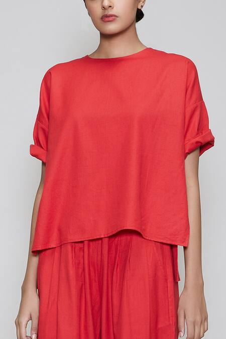 Shop_Mati_Red Cotton Round Top And Pant Set _Online_at_Aza_Fashions