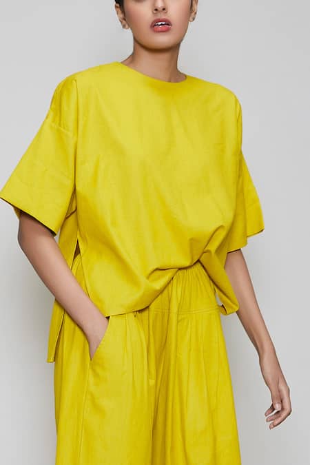 Shop_MATI_1_Yellow Cotton Round Top And Pant Set _Online_at_Aza_Fashions