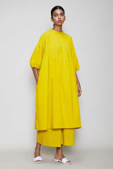 Buy_MATI_1_Yellow Cotton Mandarin Collar Oversized Tunic _Online_at_Aza_Fashions