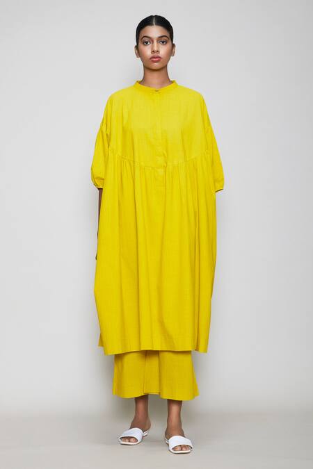 MATI_1_Yellow Cotton Mandarin Collar Oversized Tunic _Online_at_Aza_Fashions