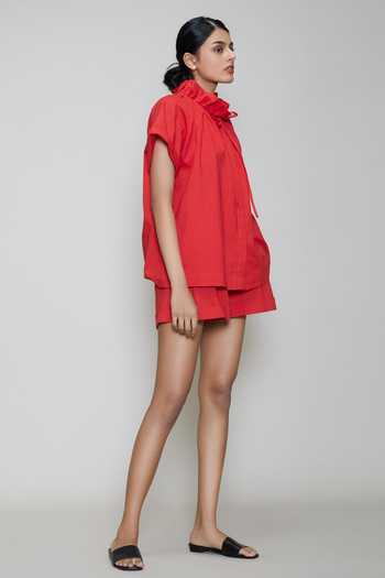 MATI_Red Cotton High Neck Ruffle Shirt_Online_at_Aza_Fashions