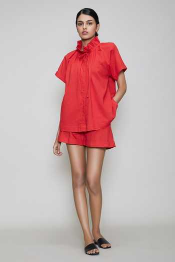Buy_MATI_Red Cotton High Neck Ruffle Shirt_Online_at_Aza_Fashions