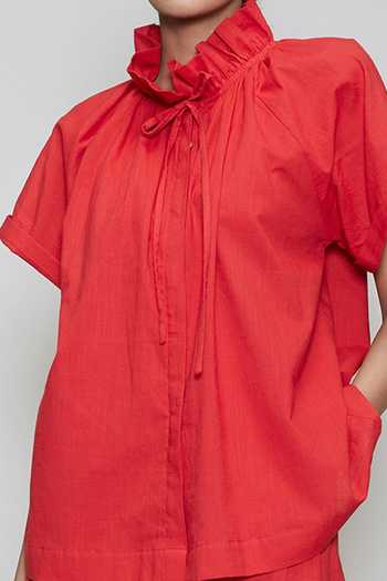 Shop_MATI_Red Cotton High Neck Ruffle Shirt_Online_at_Aza_Fashions