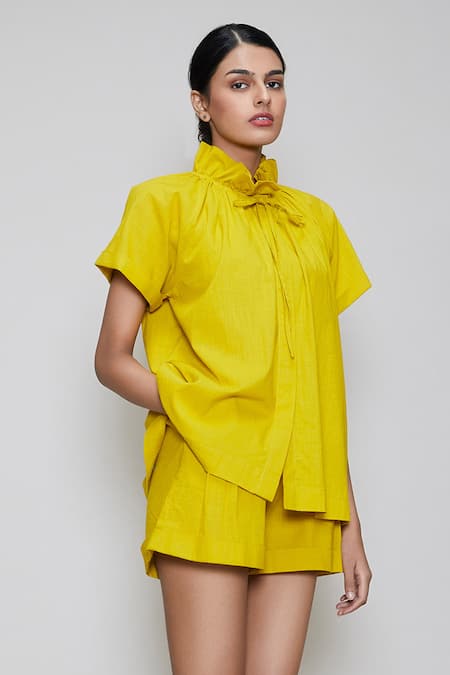 MATI_1 Yellow Cotton High Neck Shirt And Shorts Set
