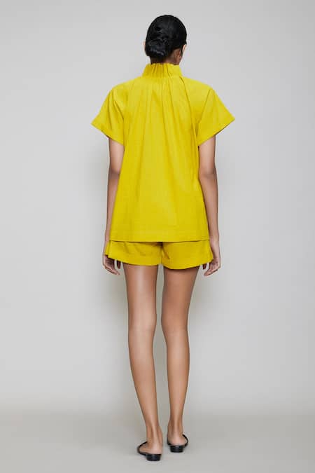Shop MATI_1 Yellow Cotton High Neck Shirt And Shorts Set at Aza Fashions Shop_MATI_1_Yellow Cotton High Neck Shirt And Shorts Set _at_Aza_Fashions
