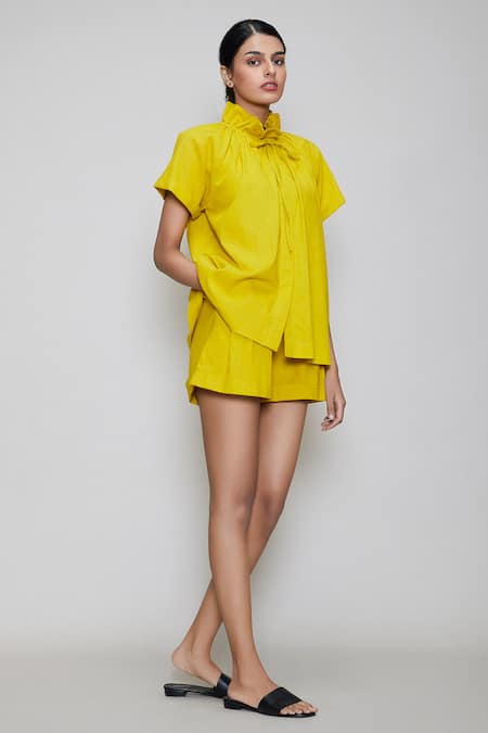 MATI_1 Yellow Cotton High Neck Shirt And Shorts Set Online at Aza Fashions MATI_1_Yellow Cotton High Neck Shirt And Shorts Set _Online_at_Aza_Fashions
