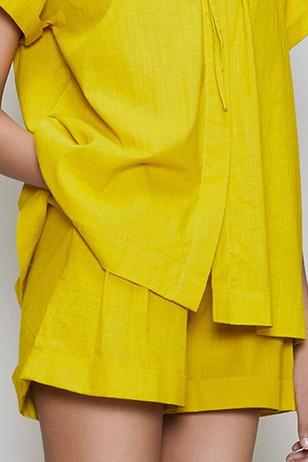 Shop MATI_1 Yellow Cotton High Neck Shirt And Shorts Set Online at Aza Fashions Shop_MATI_1_Yellow Cotton High Neck Shirt And Shorts Set _Online_at_Aza_Fashions