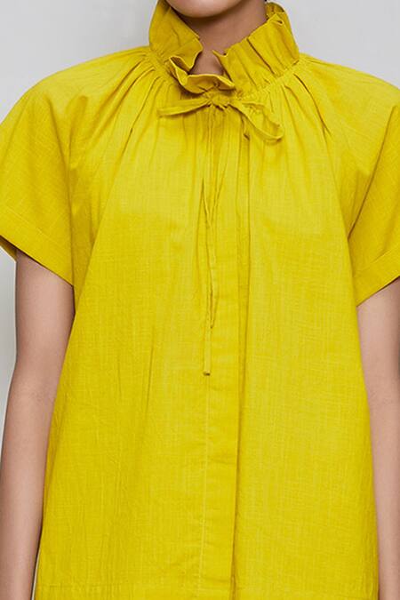 MATI_1 Yellow Cotton High Neck Shirt And Shorts Set at Aza Fashions MATI_1_Yellow Cotton High Neck Shirt And Shorts Set _at_Aza_Fashions