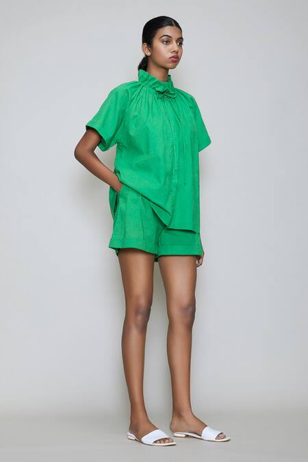 MATI_1_Green Cotton High Neck Shirt And Shorts Set _Online_at_Aza_Fashions