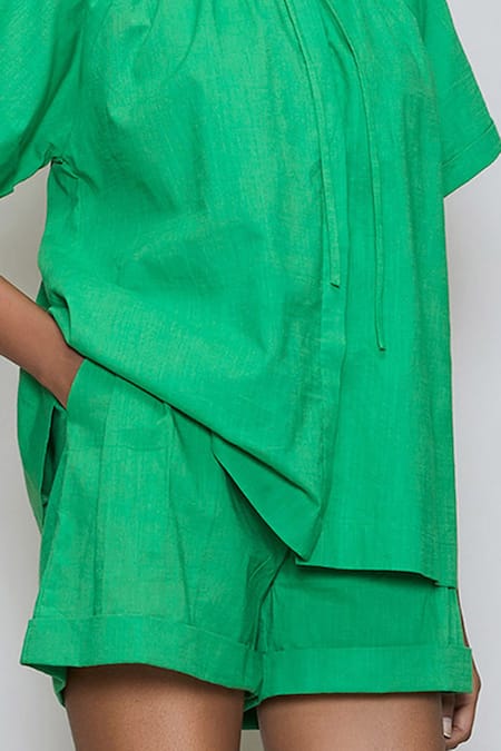 Shop_MATI_1_Green Cotton High Neck Shirt And Shorts Set _Online_at_Aza_Fashions