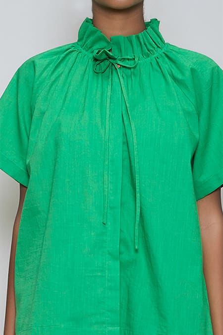 MATI_1_Green Cotton High Neck Shirt And Shorts Set _at_Aza_Fashions