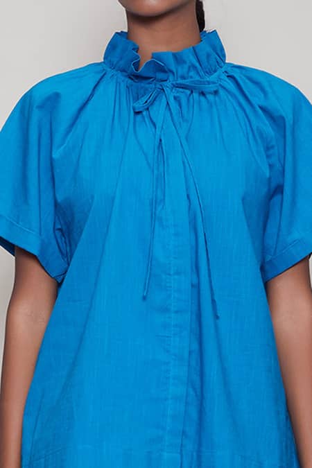 Shop MATI_1 Blue Cotton High Neck Shirt And Shorts Set Online at Aza Fashions Shop_MATI_1_Blue Cotton High Neck Shirt And Shorts Set _Online_at_Aza_Fashions