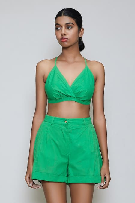 Mati - Green Cotton V Neck Bralette And Shorts Sets For Women