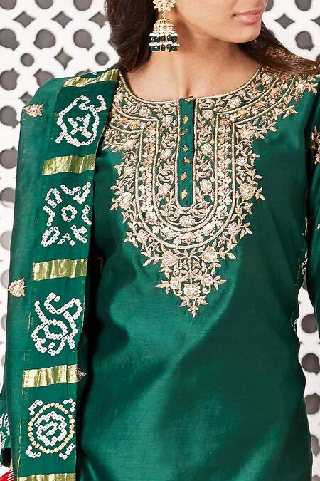 Pink City By Sarika_Green Organic Cotton, Silk Chanderi Round Kurta Gharara Set _Online_at_Aza_Fashions