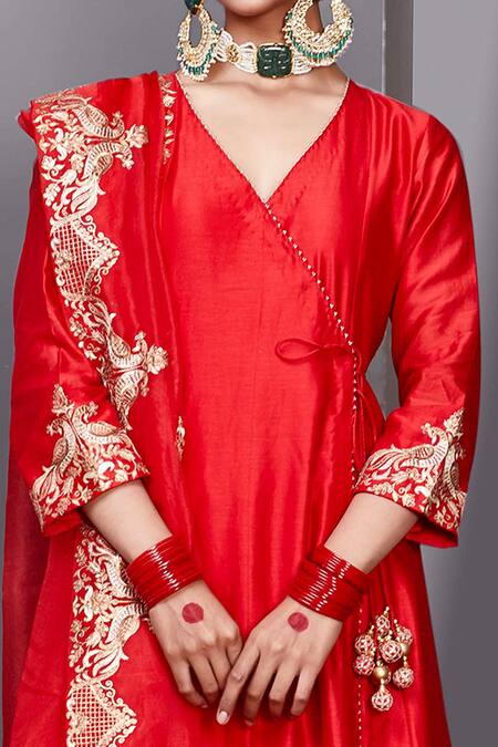 Buy Pink City By Sarika Red Organza, Silk Chanderi V Neck Angarkha Set Online at Aza Fashions Buy_Pink City By Sarika_Red Organza, Silk Chanderi V Neck Angarkha Set _Online_at_Aza_Fashions