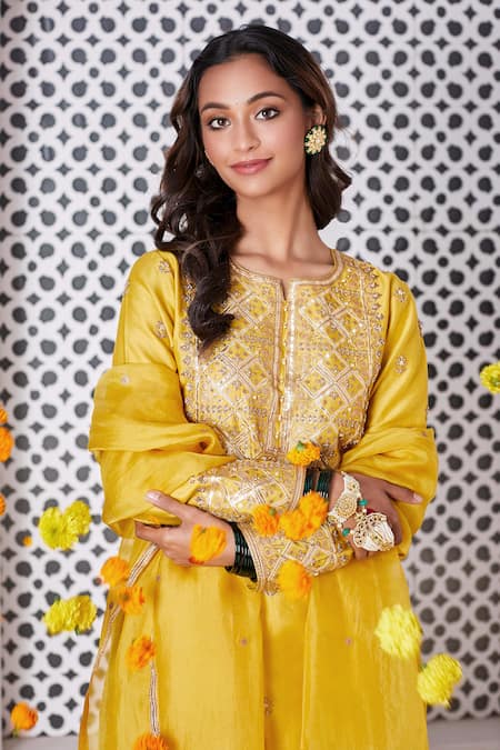 Shop_Pink City By Sarika_Yellow , Cotton, Silk Chanderi Round Kurta Sharara Set _at_Aza_Fashions