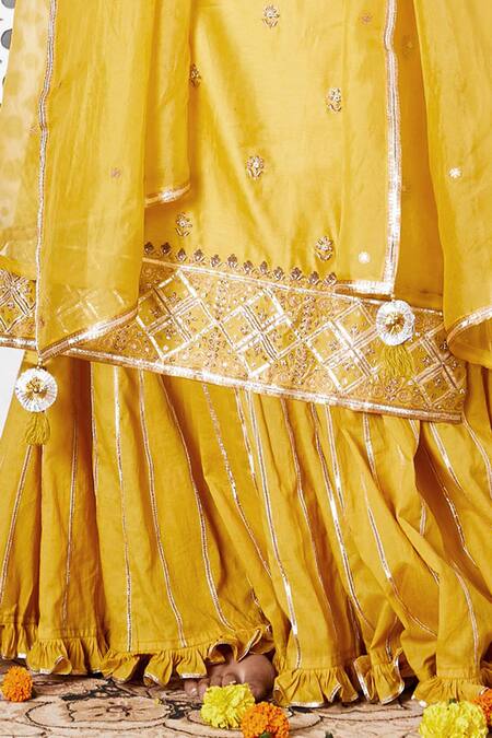 Pink City By Sarika_Yellow , Cotton, Silk Chanderi Round Kurta Sharara Set _Online_at_Aza_Fashions