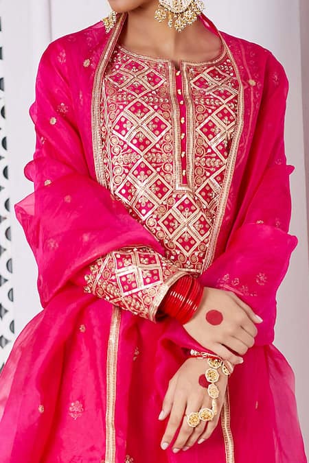 Shop_Pink City By Sarika_Pink , Cotton, Silk Chanderi Round Kurta Sharara Set _at_Aza_Fashions